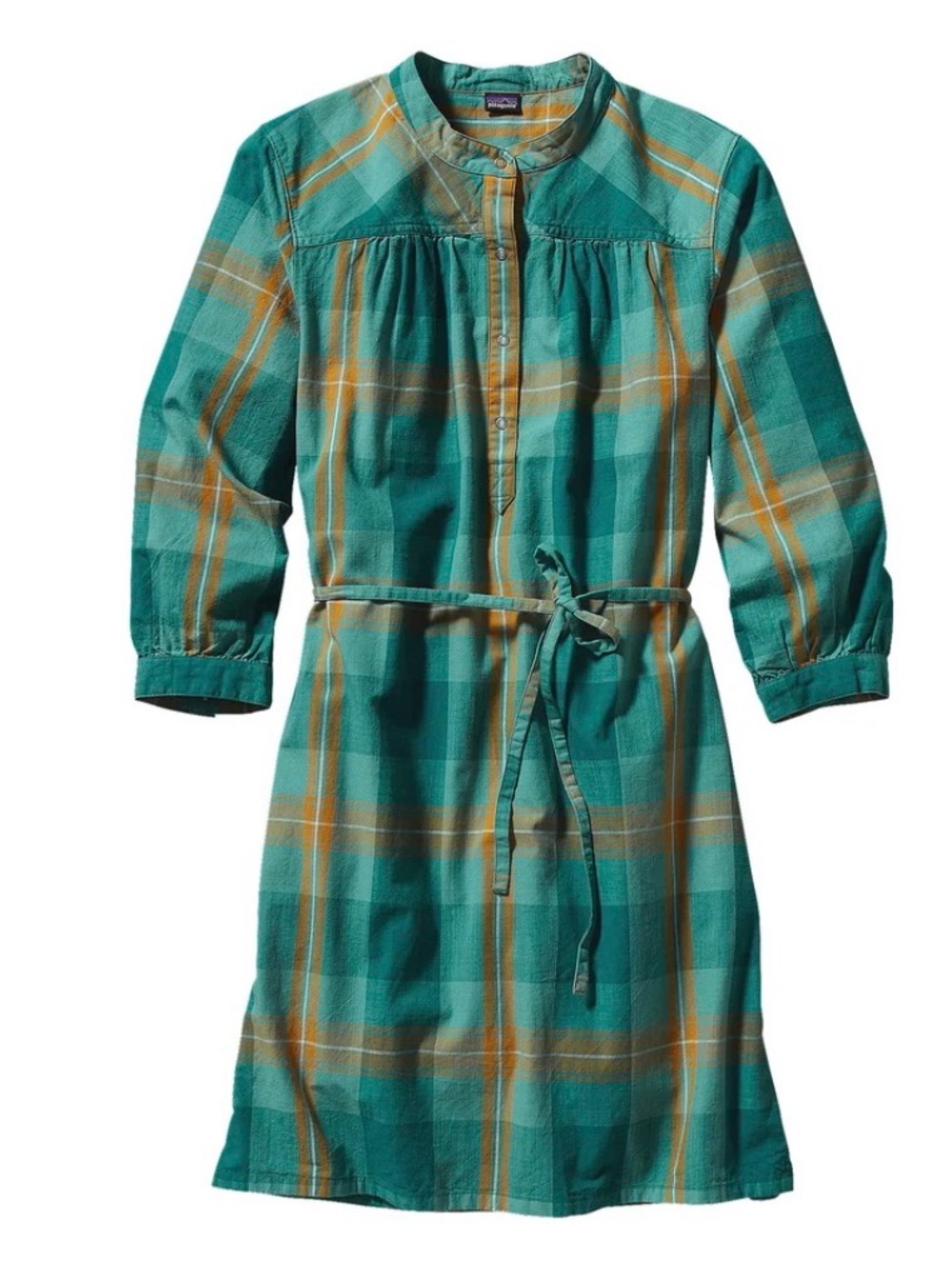 Patagonia Settlers Dress Teal Plaid Belted Dress with Mustard Accents